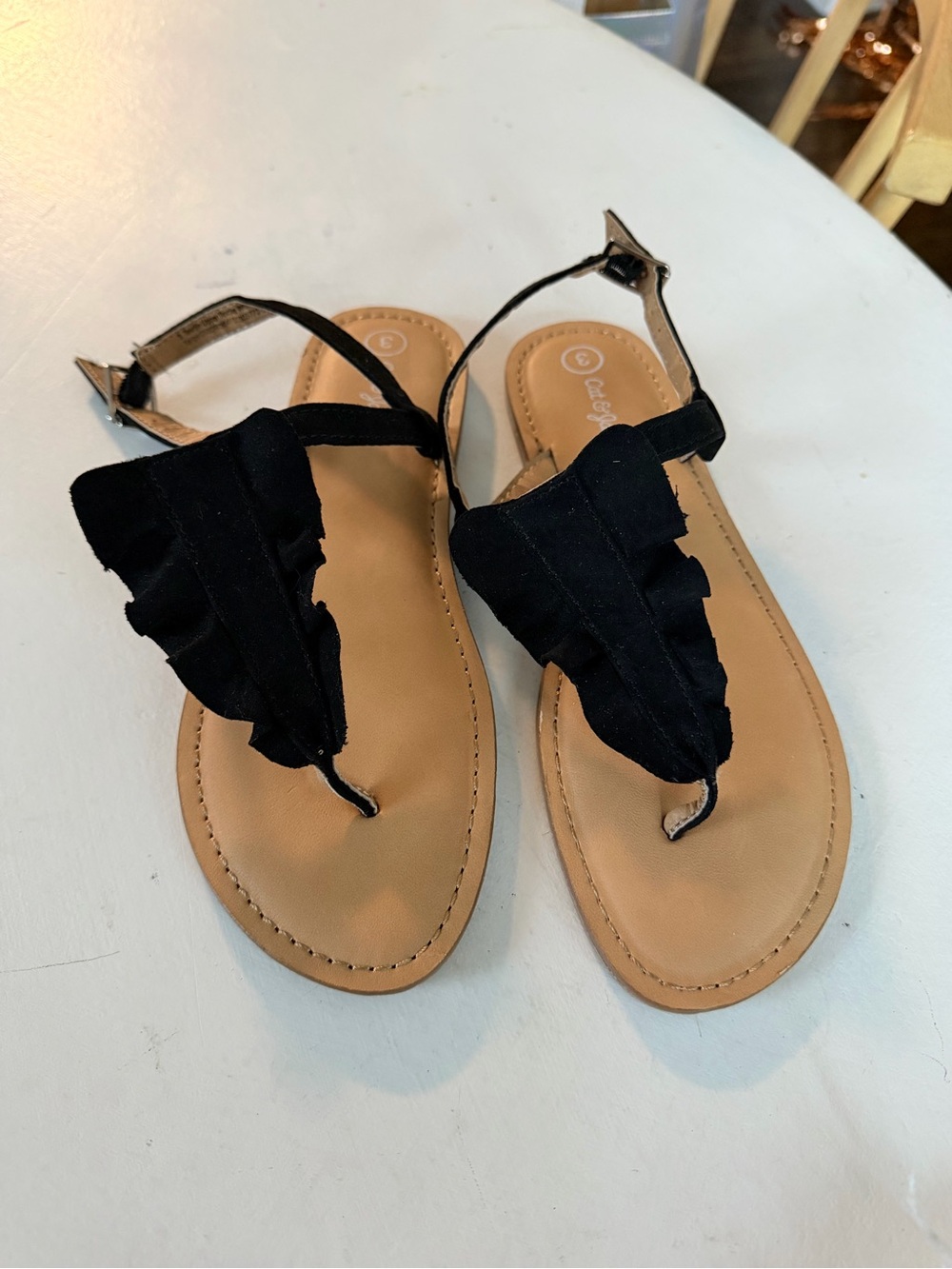 Kids Black Ruffle T-Strap Sandals